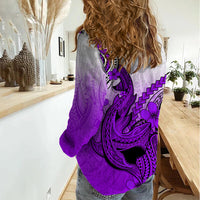 Hawaii Women Casual Shirt Polynesian Shark Tattoo With Plumeria Purple Gradient - Wonder Print Shop