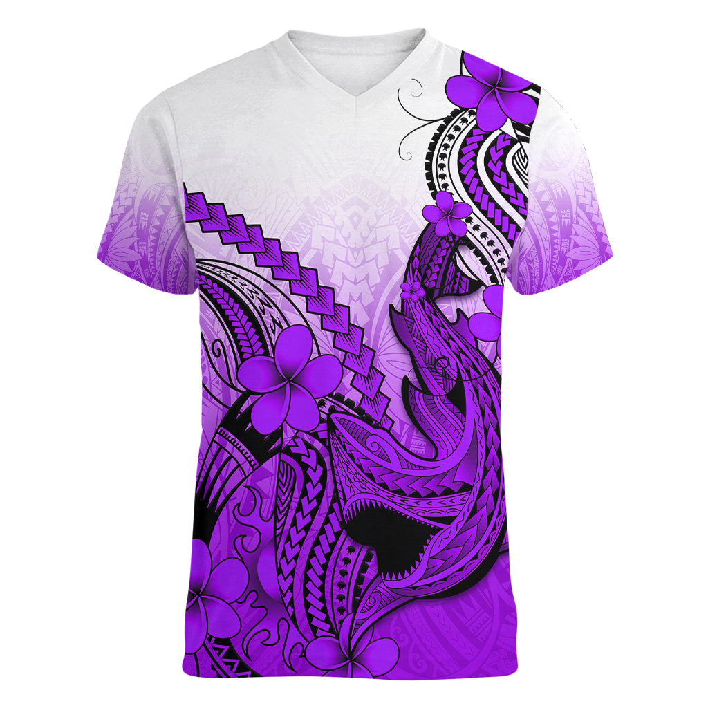 Hawaii Women V Neck T Shirt Polynesian Shark Tattoo With Plumeria Purple Gradient - Wonder Print Shop