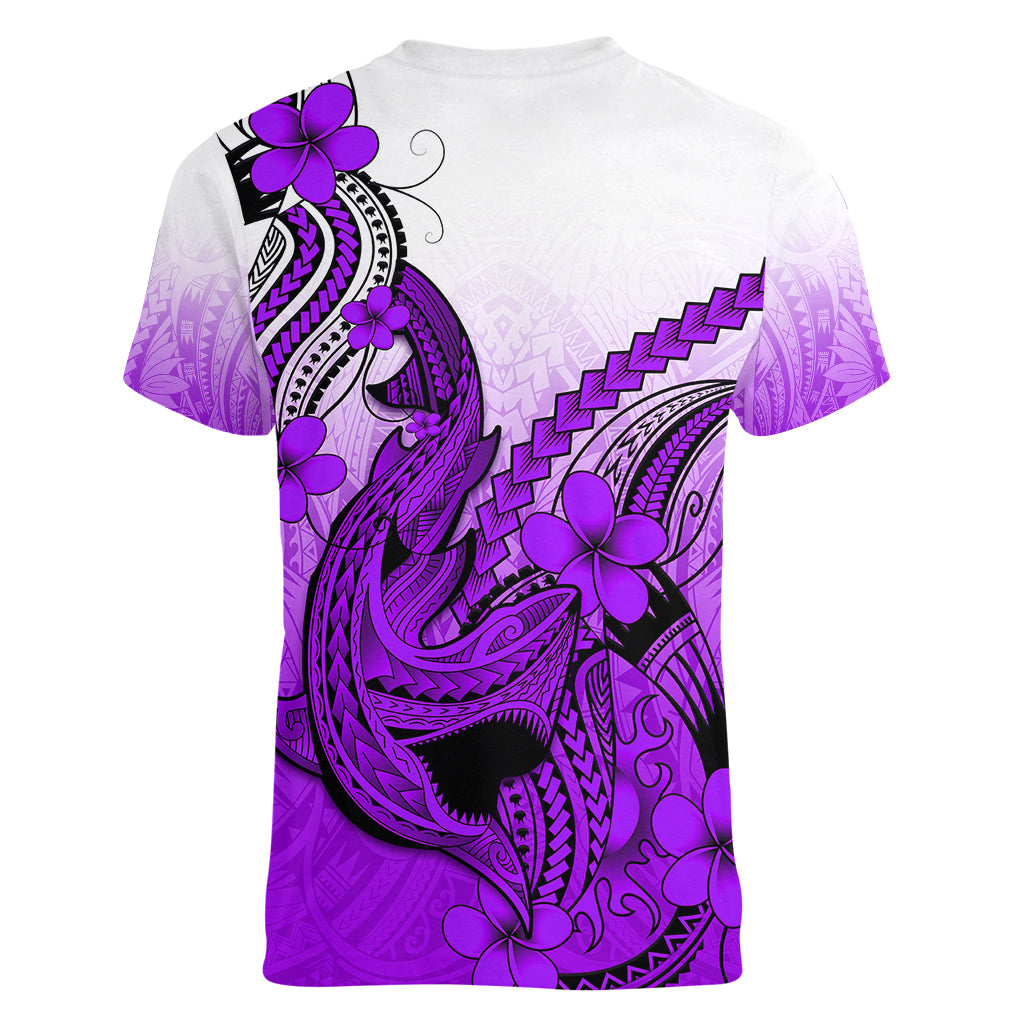 Hawaii Women V Neck T Shirt Polynesian Shark Tattoo With Plumeria Purple Gradient - Wonder Print Shop