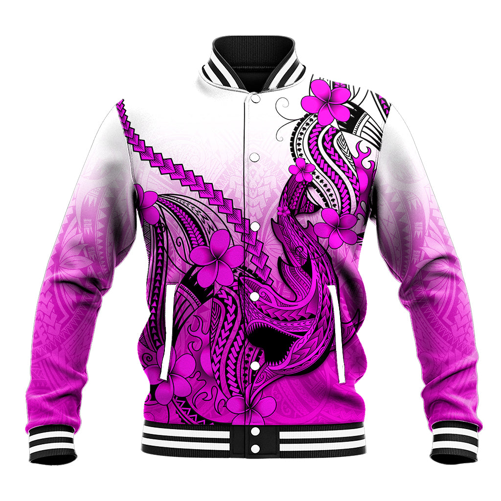 Hawaii Baseball Jacket Polynesian Shark Tattoo With Plumeria Pink Gradient - Wonder Print Shop
