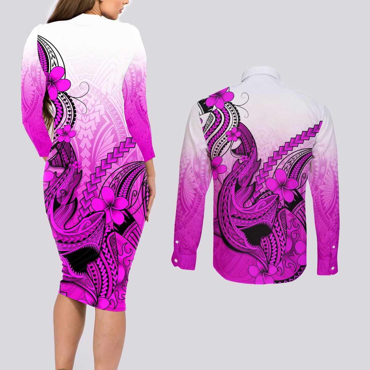 Hawaii Couples Matching Long Sleeve Bodycon Dress and Long Sleeve Button Shirts Polynesian Shark Tattoo With Plumeria Pink Gradient - Wonder Print Shop