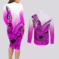 Hawaii Couples Matching Long Sleeve Bodycon Dress and Long Sleeve Button Shirts Polynesian Shark Tattoo With Plumeria Pink Gradient - Wonder Print Shop