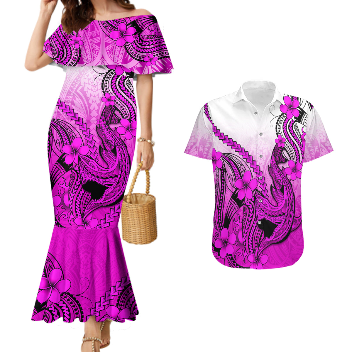 Hawaii Couples Matching Mermaid Dress And Hawaiian Shirt Polynesian Shark Tattoo With Plumeria Pink Gradient - Wonder Print Shop