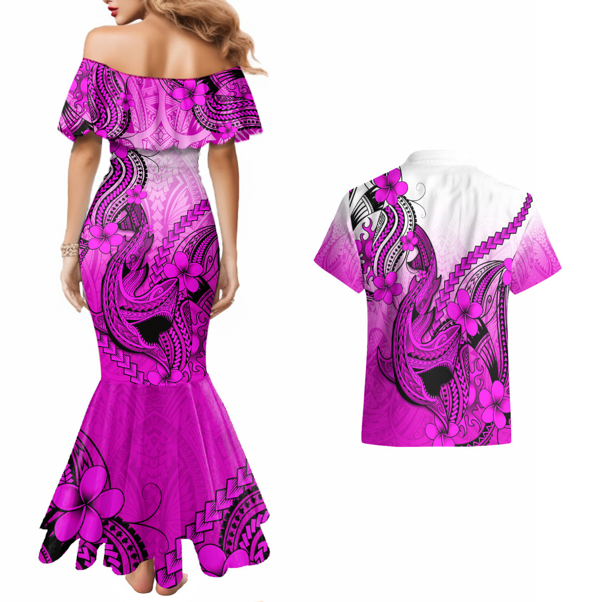 Hawaii Couples Matching Mermaid Dress And Hawaiian Shirt Polynesian Shark Tattoo With Plumeria Pink Gradient - Wonder Print Shop