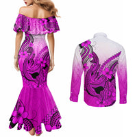 hawaii-couples-matching-mermaid-dress-and-long-sleeve-button-shirts-polynesian-shark-tattoo-with-plumeria-pink-gradient