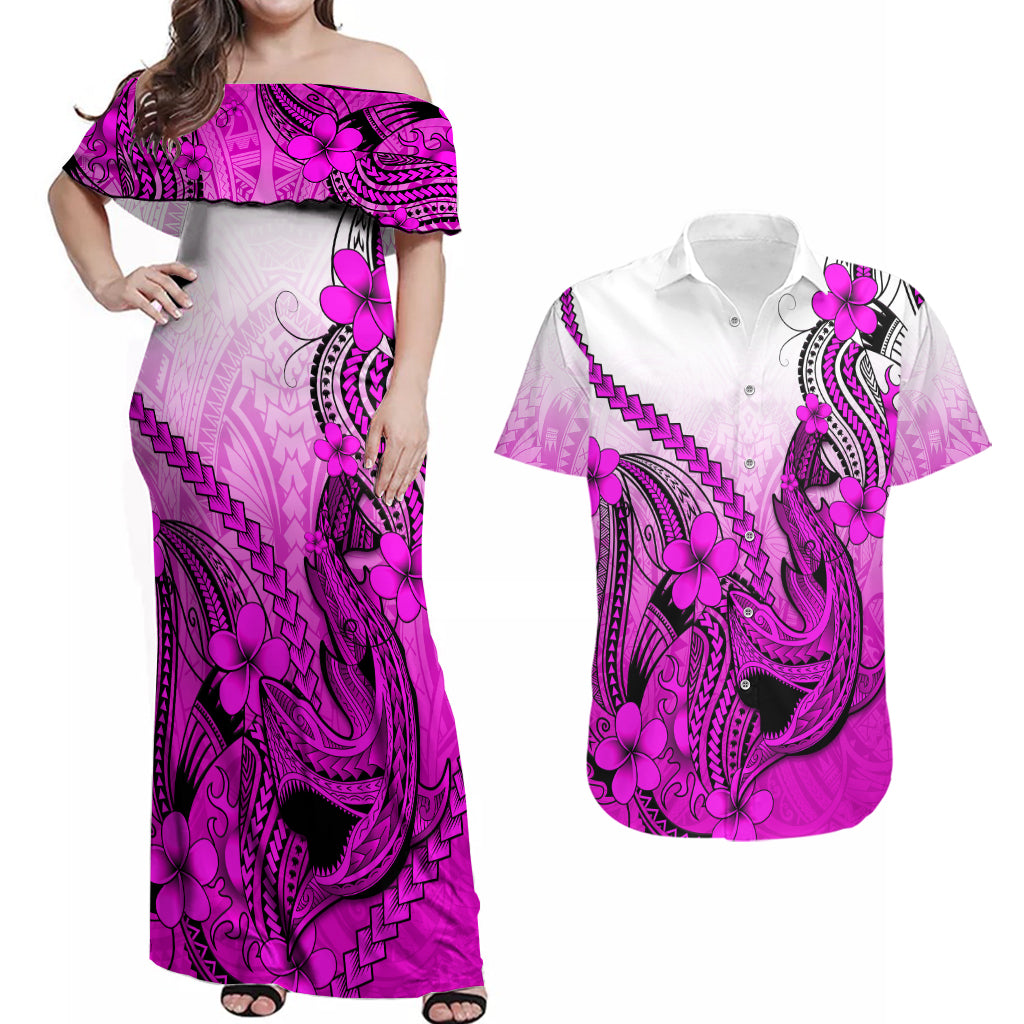 Hawaii Couples Matching Off Shoulder Maxi Dress and Hawaiian Shirt Polynesian Shark Tattoo With Plumeria Pink Gradient - Wonder Print Shop