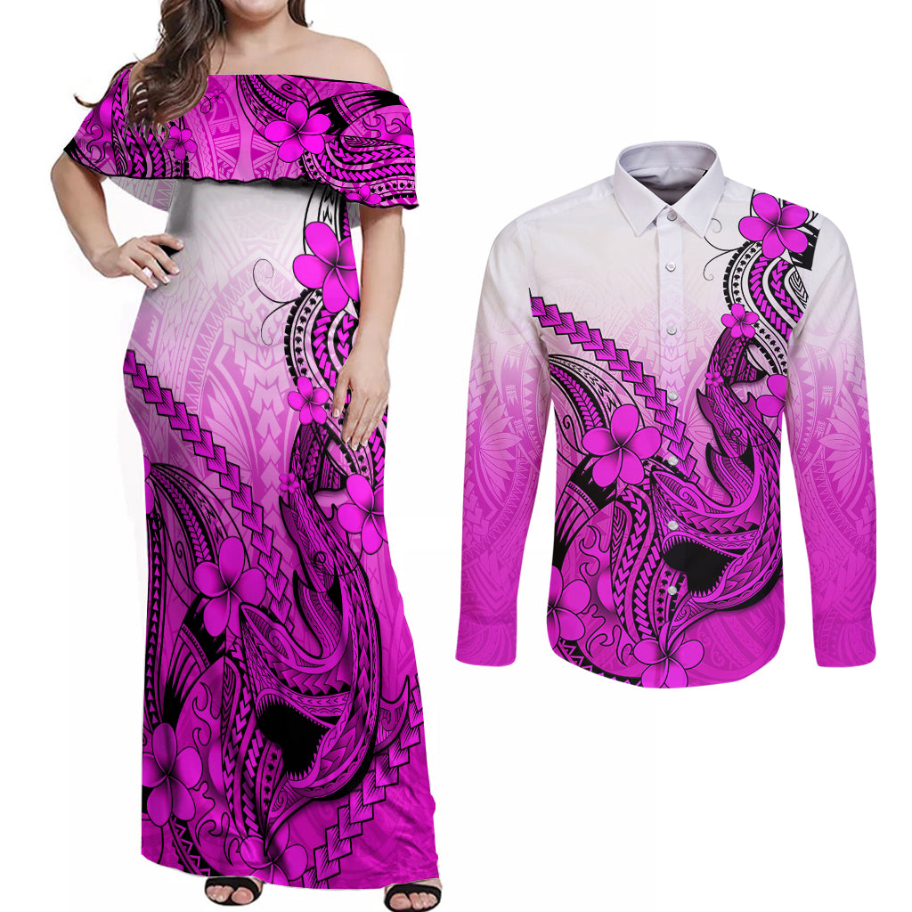Hawaii Couples Matching Off Shoulder Maxi Dress and Long Sleeve Button Shirts Polynesian Shark Tattoo With Plumeria Pink Gradient - Wonder Print Shop