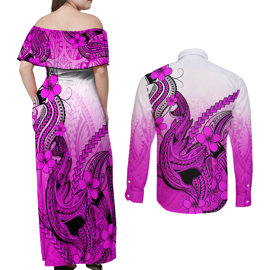 Hawaii Couples Matching Off Shoulder Maxi Dress and Long Sleeve Button Shirts Polynesian Shark Tattoo With Plumeria Pink Gradient - Wonder Print Shop