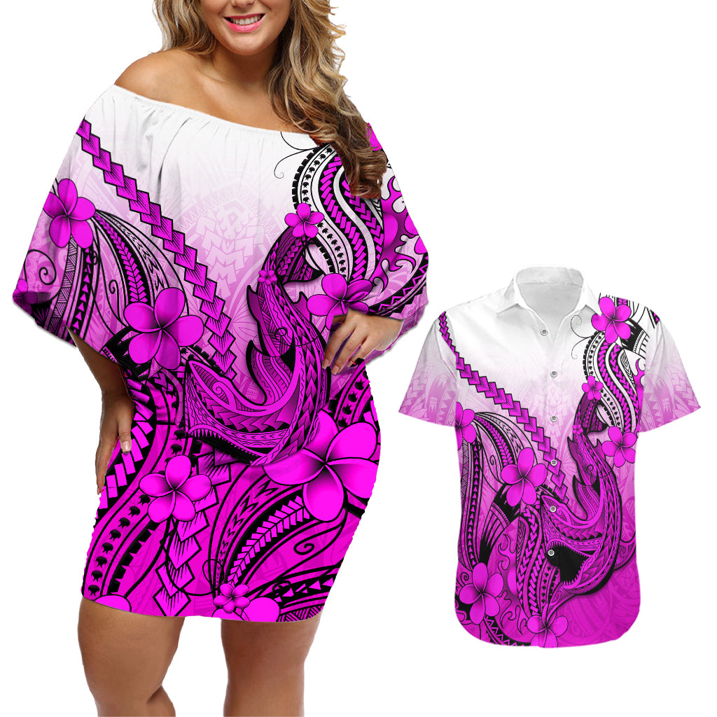 Hawaii Couples Matching Off Shoulder Short Dress and Hawaiian Shirt Polynesian Shark Tattoo With Plumeria Pink Gradient - Wonder Print Shop