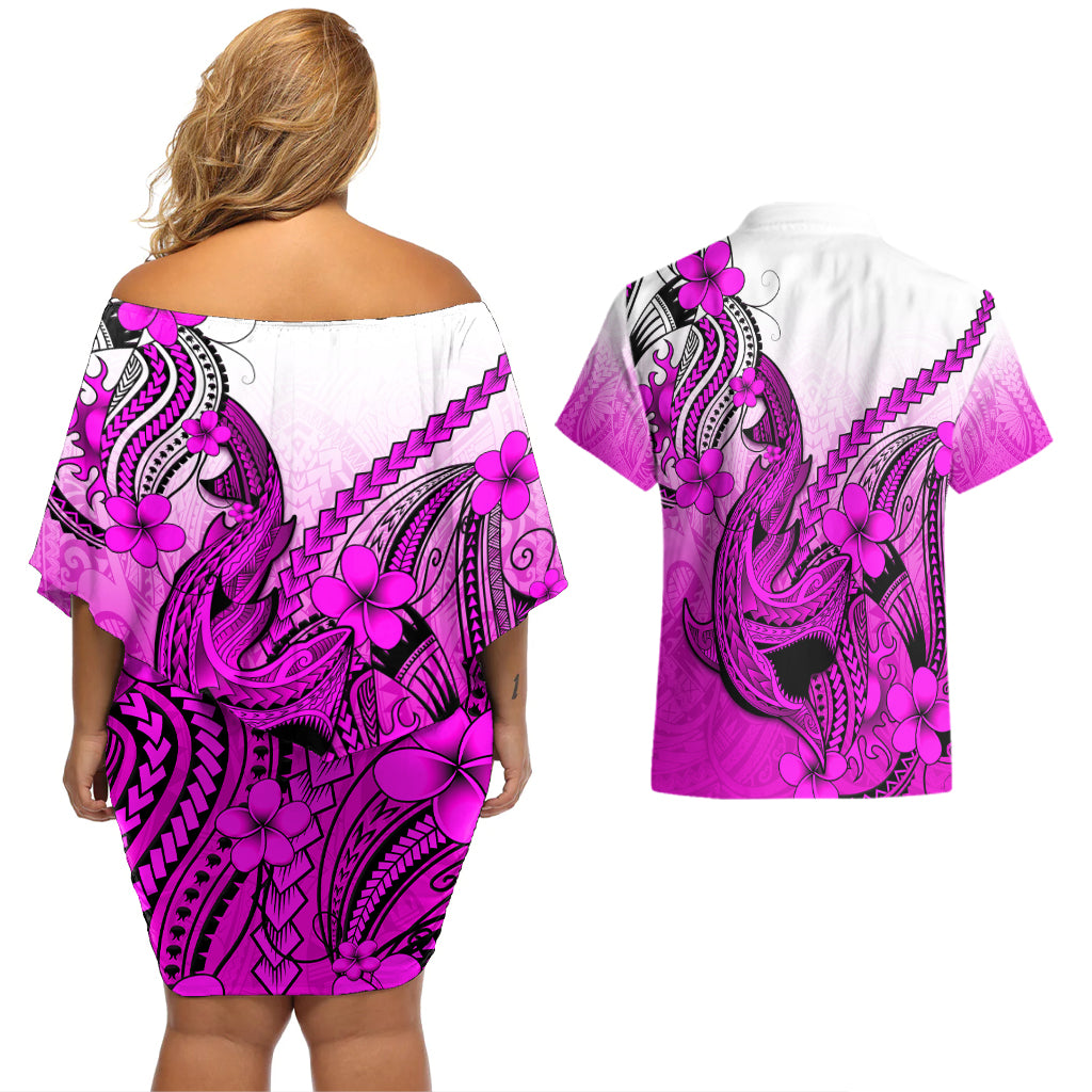 Hawaii Couples Matching Off Shoulder Short Dress and Hawaiian Shirt Polynesian Shark Tattoo With Plumeria Pink Gradient - Wonder Print Shop