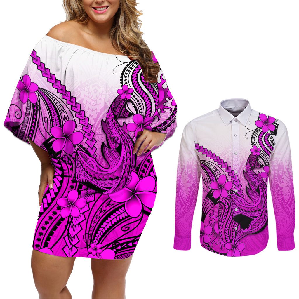 Hawaii Couples Matching Off Shoulder Short Dress and Long Sleeve Button Shirts Polynesian Shark Tattoo With Plumeria Pink Gradient - Wonder Print Shop