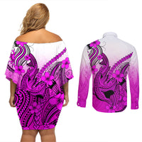 Hawaii Couples Matching Off Shoulder Short Dress and Long Sleeve Button Shirts Polynesian Shark Tattoo With Plumeria Pink Gradient - Wonder Print Shop
