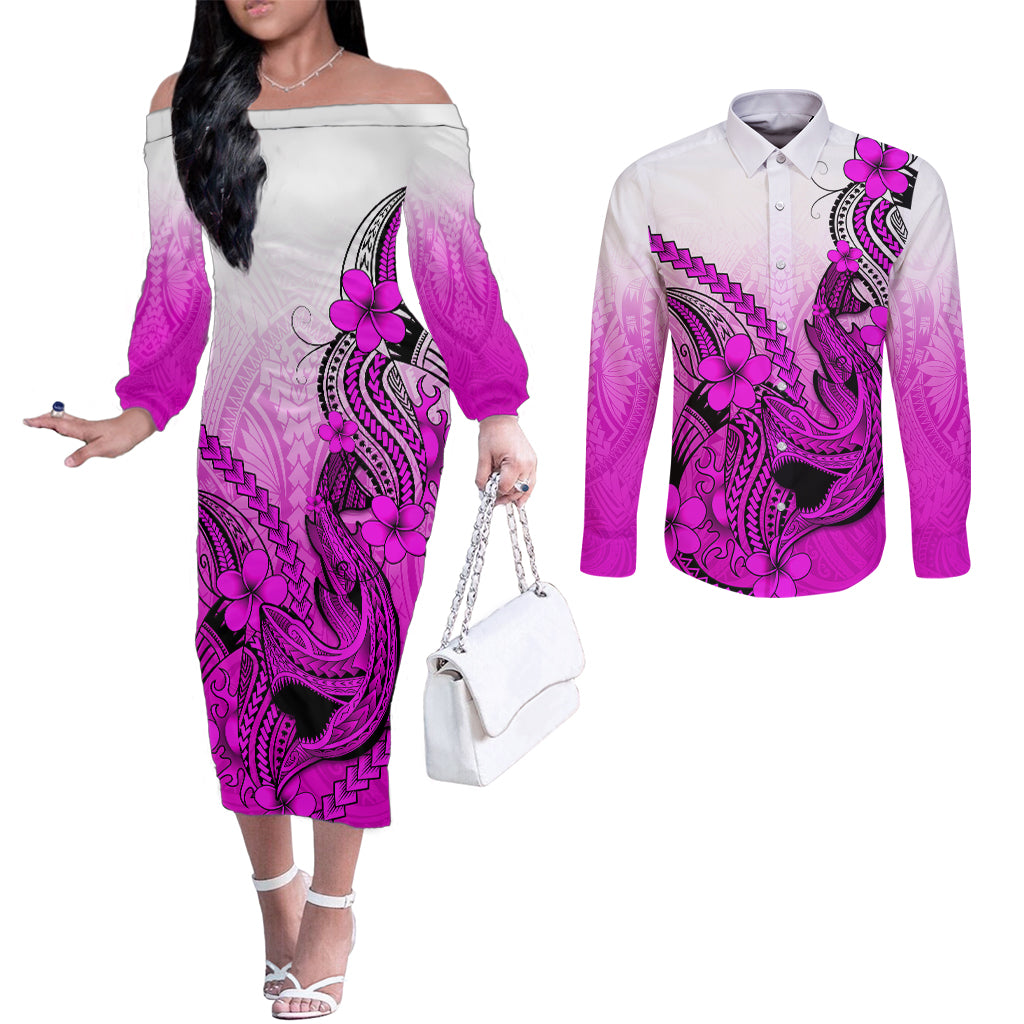 hawaii-couples-matching-off-the-shoulder-long-sleeve-dress-and-long-sleeve-button-shirts-polynesian-shark-tattoo-with-plumeria-pink-gradient