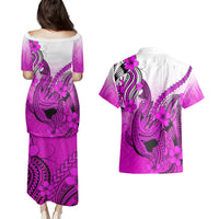 Hawaii Couples Matching Puletasi Dress and Hawaiian Shirt Polynesian Shark Tattoo With Plumeria Pink Gradient - Wonder Print Shop