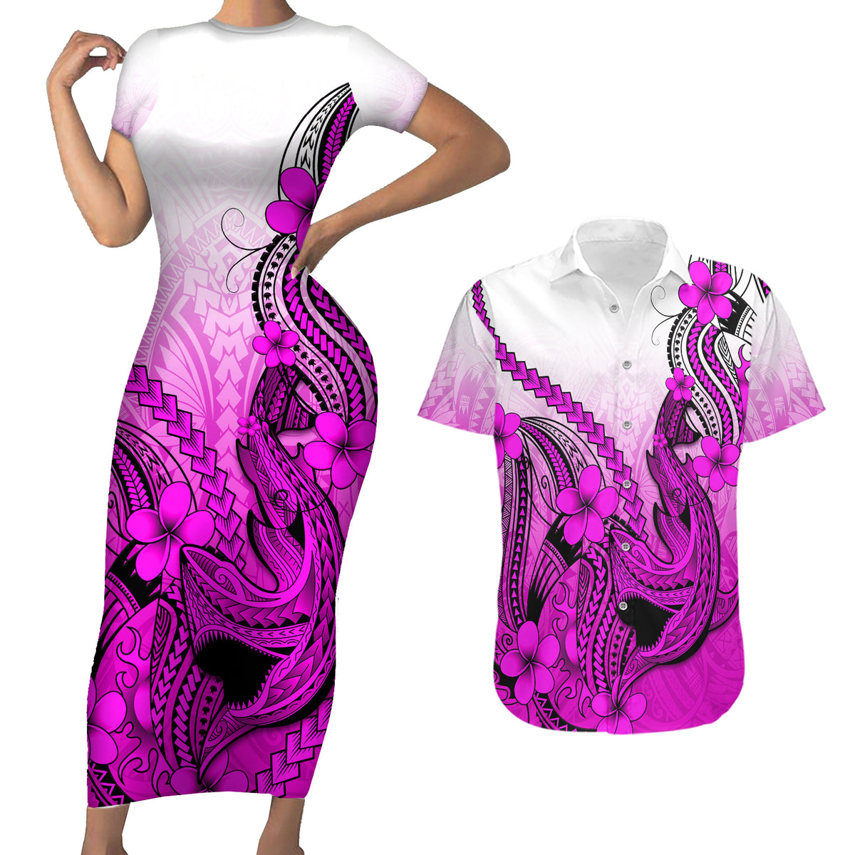 Hawaii Couples Matching Short Sleeve Bodycon Dress and Hawaiian Shirt Polynesian Shark Tattoo With Plumeria Pink Gradient - Wonder Print Shop