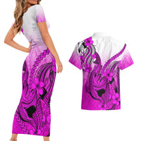 Hawaii Couples Matching Short Sleeve Bodycon Dress and Hawaiian Shirt Polynesian Shark Tattoo With Plumeria Pink Gradient - Wonder Print Shop