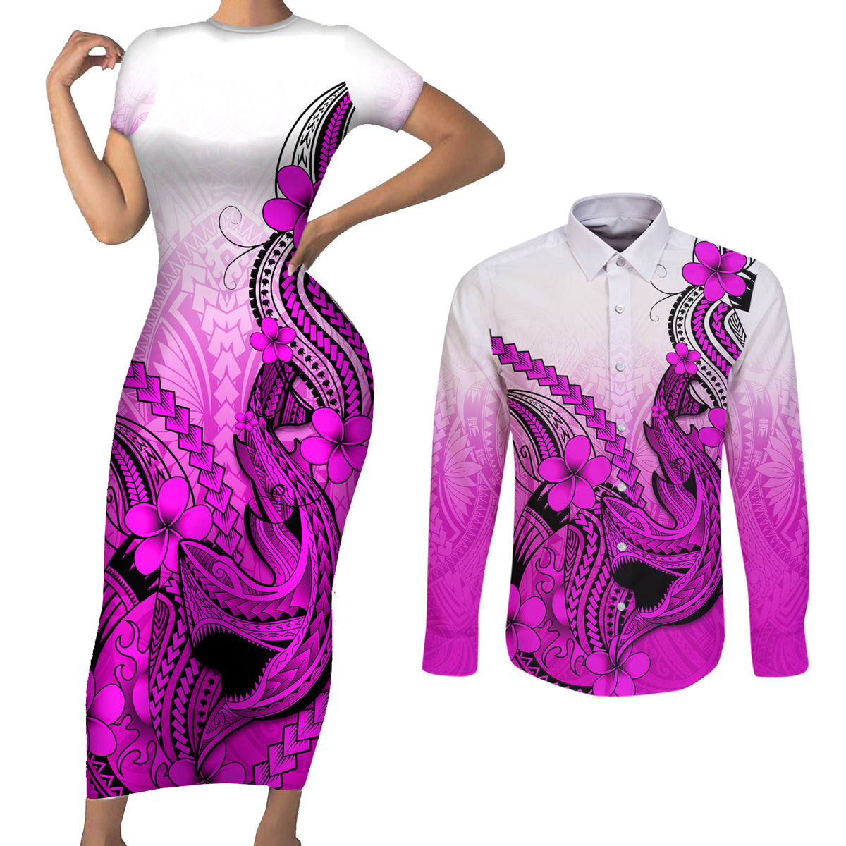 Hawaii Couples Matching Short Sleeve Bodycon Dress and Long Sleeve Button Shirts Polynesian Shark Tattoo With Plumeria Pink Gradient - Wonder Print Shop