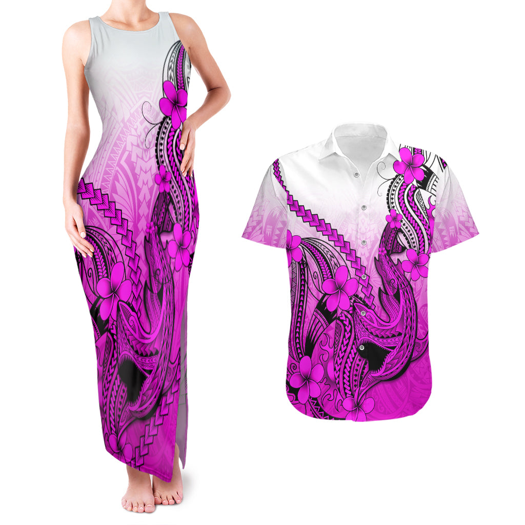 Hawaii Couples Matching Tank Maxi Dress And Hawaiian Shirt Polynesian Shark Tattoo With Plumeria Pink Gradient - Wonder Print Shop