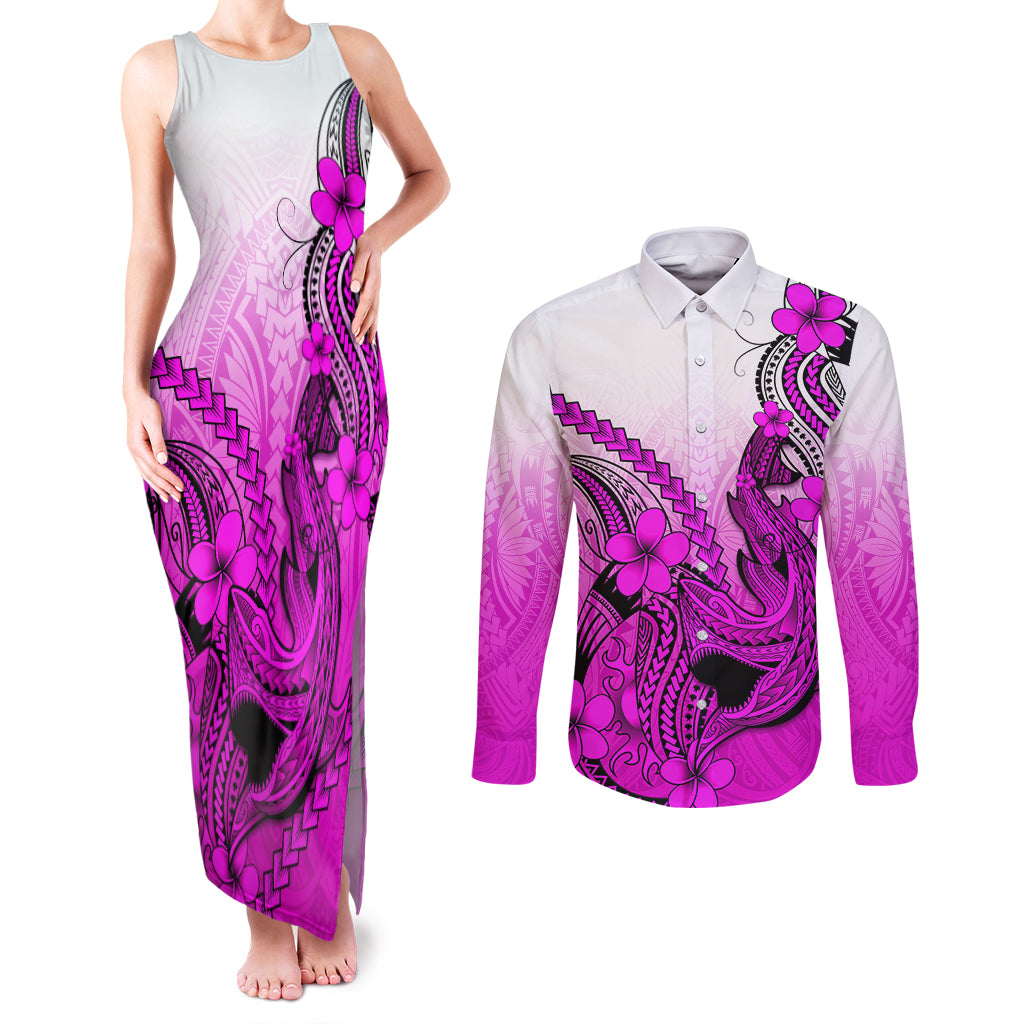 Hawaii Couples Matching Tank Maxi Dress and Long Sleeve Button Shirts Polynesian Shark Tattoo With Plumeria Pink Gradient - Wonder Print Shop