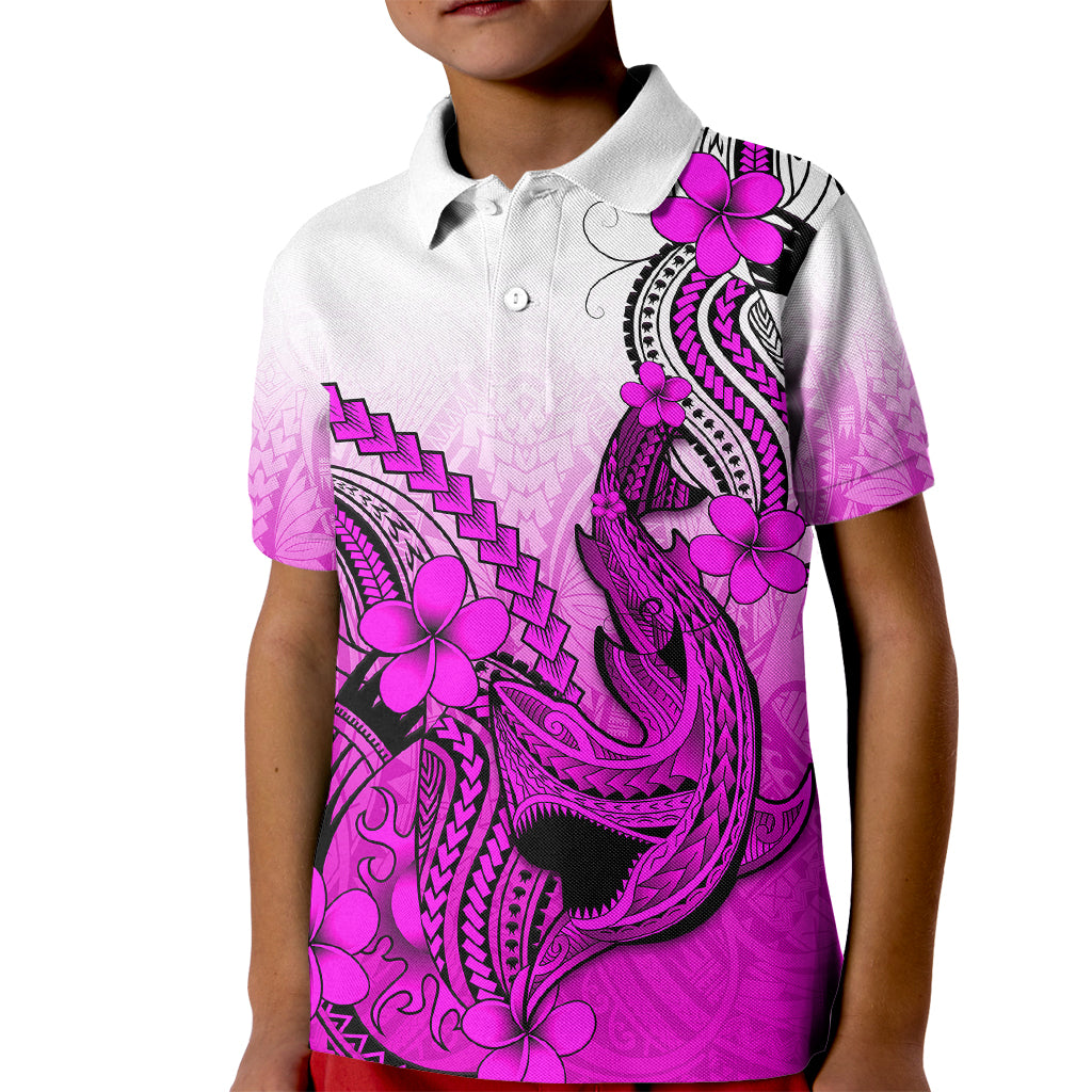 Hawaii Kid Polo Shirt Polynesian Shark Tattoo With Plumeria Pink Gradient - Wonder Print Shop
