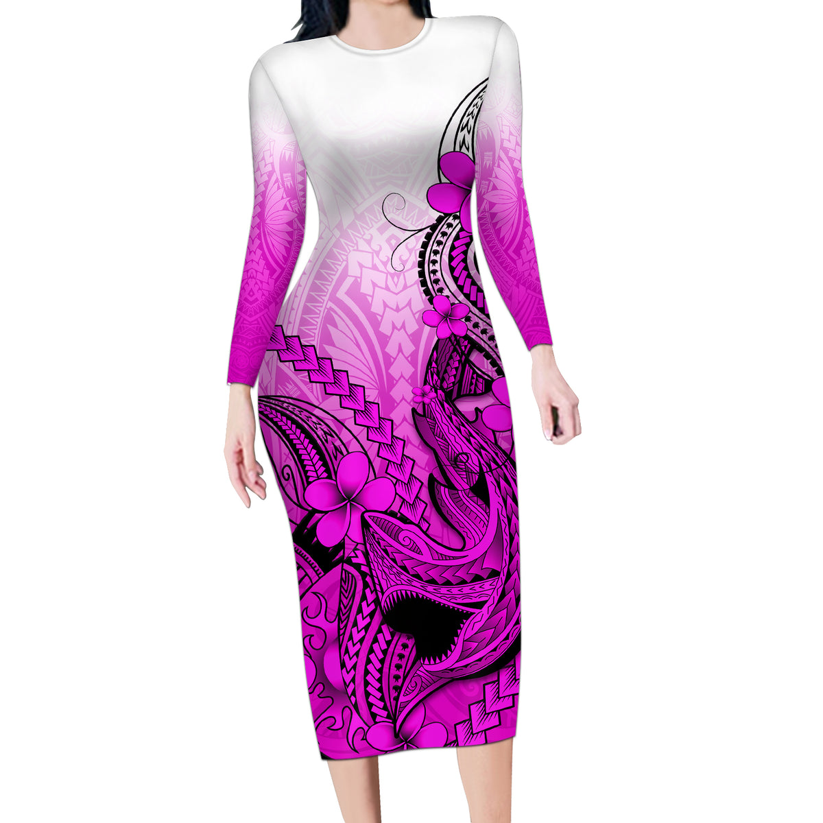 Hawaii Long Sleeve Bodycon Dress Polynesian Shark Tattoo With Plumeria Pink Gradient - Wonder Print Shop