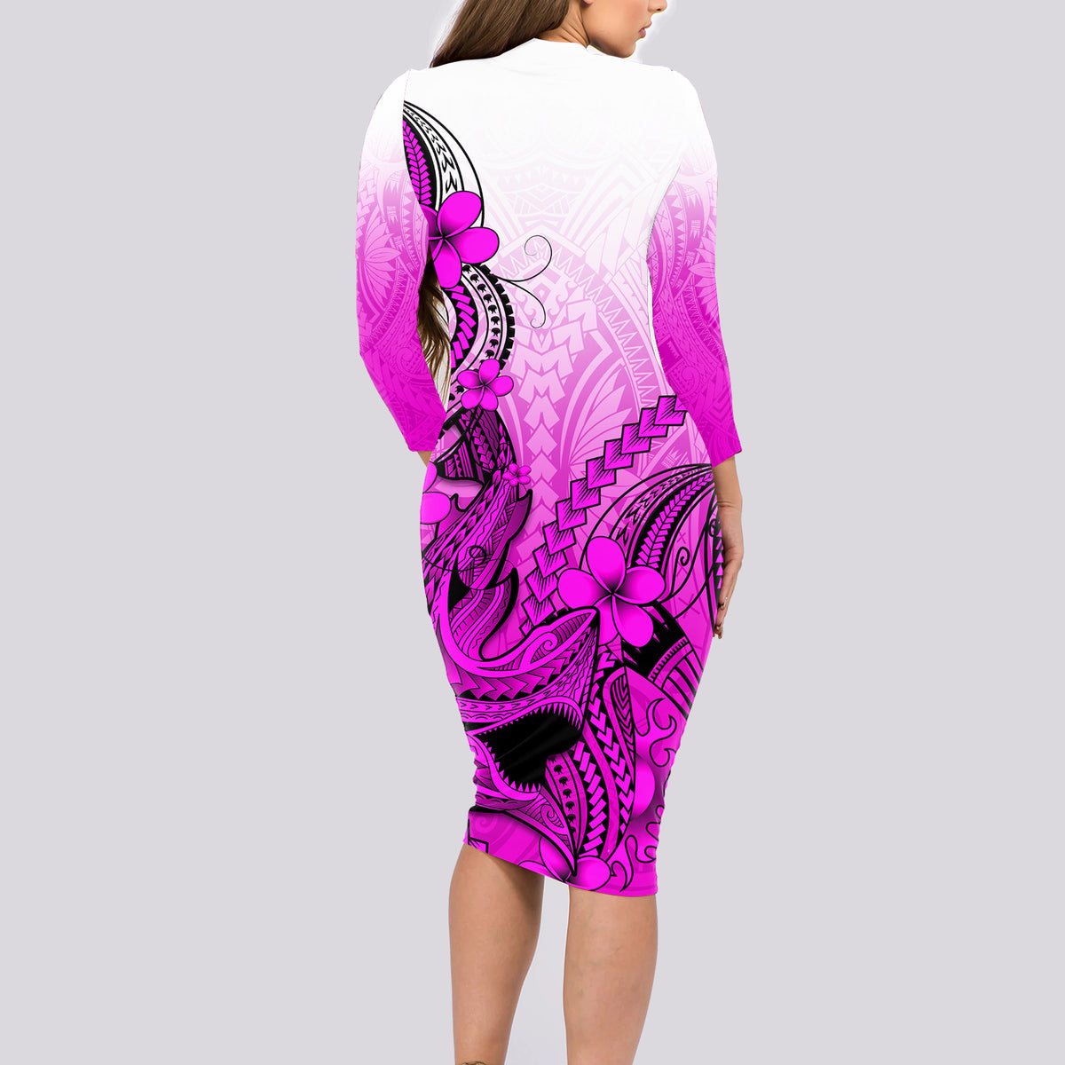 Hawaii Long Sleeve Bodycon Dress Polynesian Shark Tattoo With Plumeria Pink Gradient - Wonder Print Shop