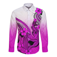 Hawaii Long Sleeve Button Shirt Polynesian Shark Tattoo With Plumeria Pink Gradient - Wonder Print Shop