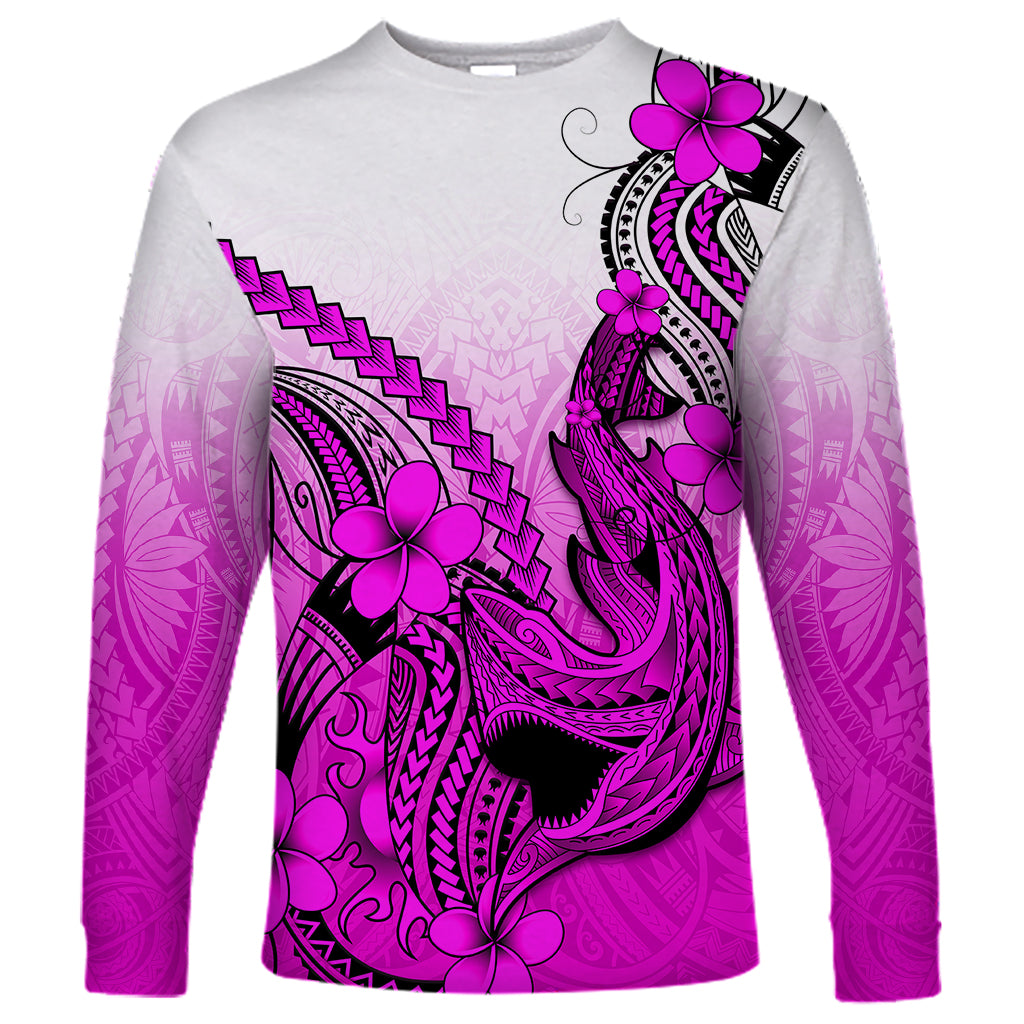 Hawaii Long Sleeve Shirt Polynesian Shark Tattoo With Plumeria Pink Gradient - Wonder Print Shop