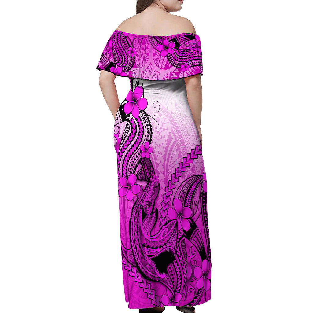 Hawaii Off Shoulder Maxi Dress Polynesian Shark Tattoo With Plumeria Pink Gradient - Wonder Print Shop