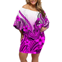 Hawaii Off Shoulder Short Dress Polynesian Shark Tattoo With Plumeria Pink Gradient - Wonder Print Shop