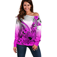 Hawaii Off Shoulder Sweater Polynesian Shark Tattoo With Plumeria Pink Gradient - Wonder Print Shop