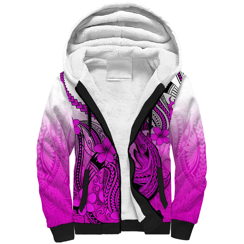 Hawaii Sherpa Hoodie Polynesian Shark Tattoo With Plumeria Pink Gradient - Wonder Print Shop