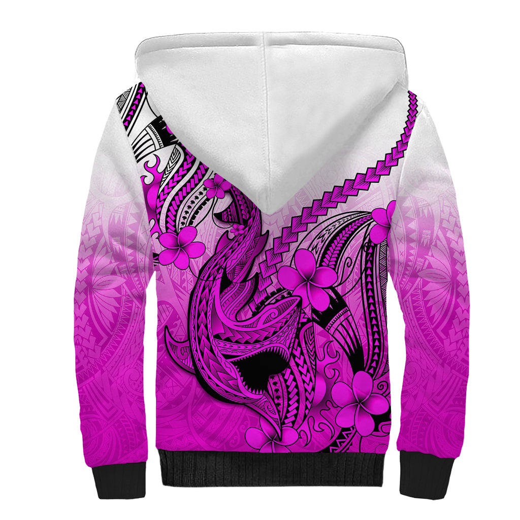 Hawaii Sherpa Hoodie Polynesian Shark Tattoo With Plumeria Pink Gradient - Wonder Print Shop