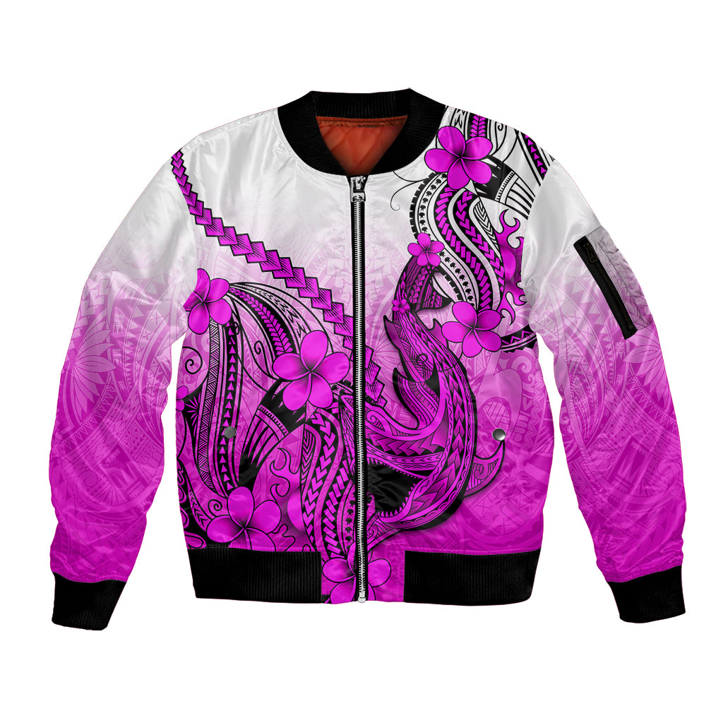 Hawaii Sleeve Zip Bomber Jacket Polynesian Shark Tattoo With Plumeria Pink Gradient - Wonder Print Shop