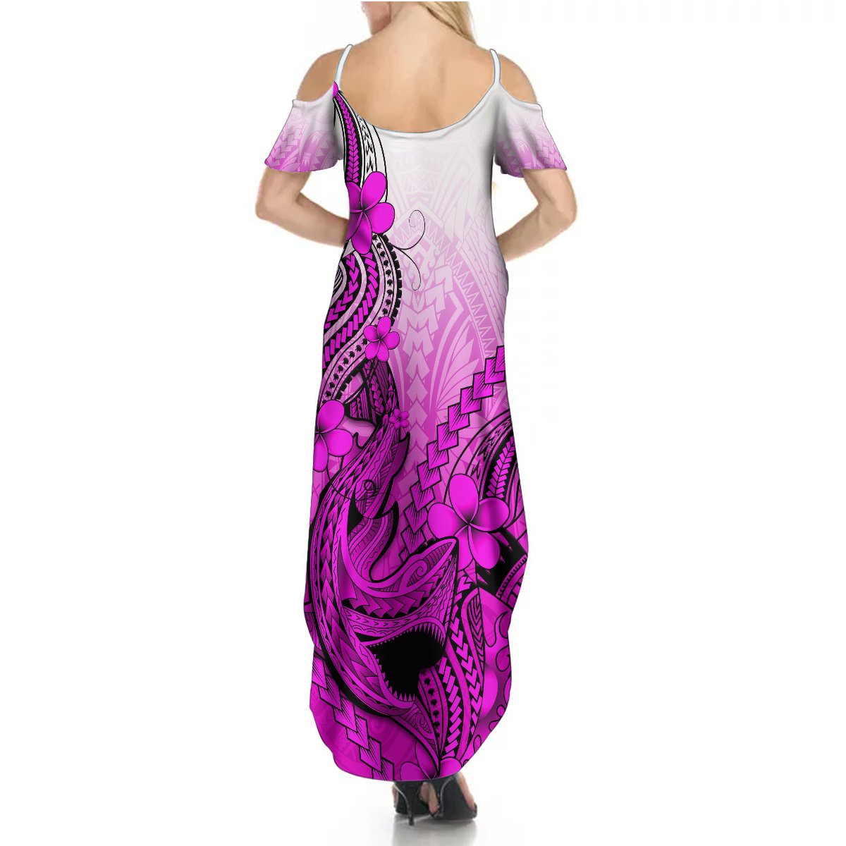 Hawaii Summer Maxi Dress Polynesian Shark Tattoo With Plumeria Pink Gradient - Wonder Print Shop