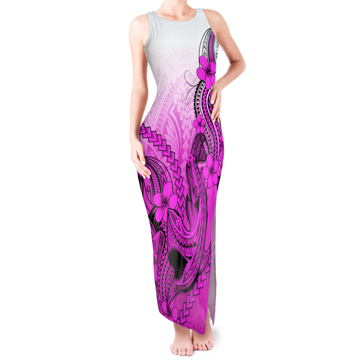 Hawaii Tank Maxi Dress Polynesian Shark Tattoo With Plumeria Pink Gradient - Wonder Print Shop