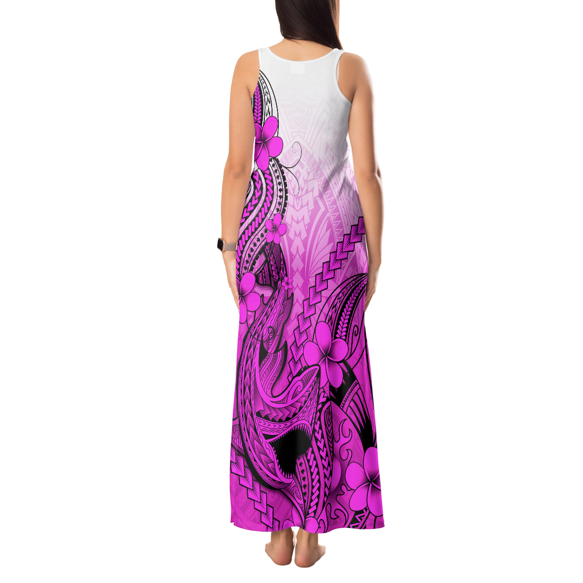 Hawaii Tank Maxi Dress Polynesian Shark Tattoo With Plumeria Pink Gradient - Wonder Print Shop