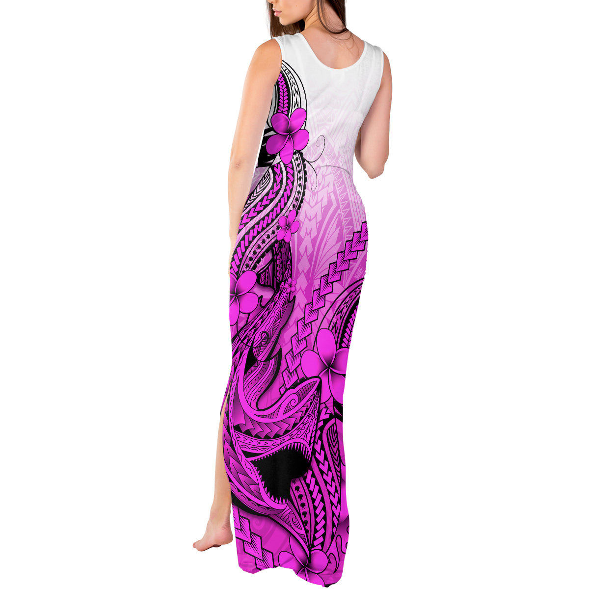 Hawaii Tank Maxi Dress Polynesian Shark Tattoo With Plumeria Pink Gradient - Wonder Print Shop