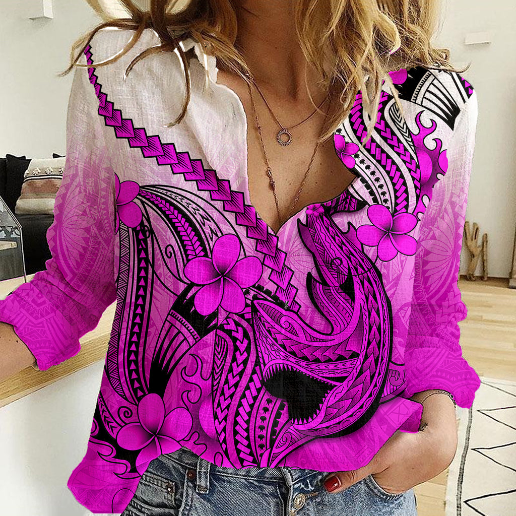 Hawaii Women Casual Shirt Polynesian Shark Tattoo With Plumeria Pink Gradient - Wonder Print Shop