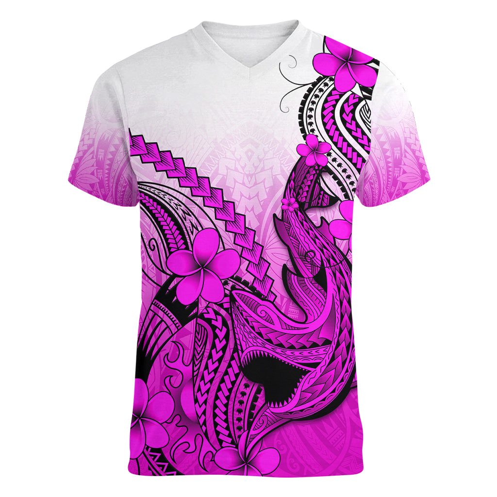 Hawaii Women V Neck T Shirt Polynesian Shark Tattoo With Plumeria Pink Gradient - Wonder Print Shop