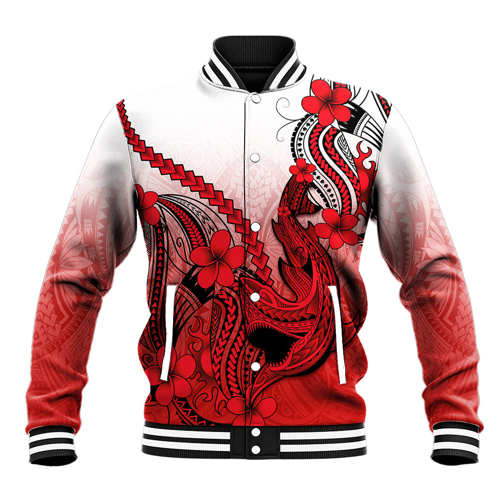 Hawaii Baseball Jacket Polynesian Shark Tattoo With Plumeria Red Gradient - Wonder Print Shop