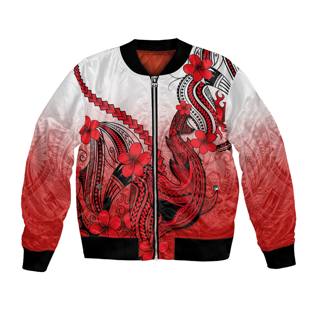 Hawaii Bomber Jacket Polynesian Shark Tattoo With Plumeria Red Gradient - Wonder Print Shop