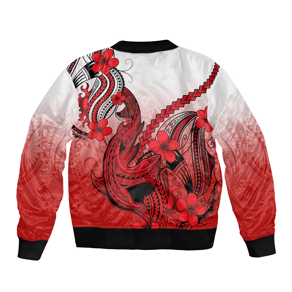 Hawaii Bomber Jacket Polynesian Shark Tattoo With Plumeria Red Gradient - Wonder Print Shop