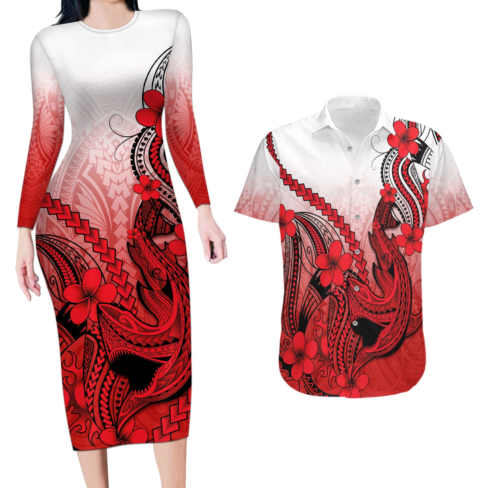 Hawaii Couples Matching Long Sleeve Bodycon Dress and Hawaiian Shirt Polynesian Shark Tattoo With Plumeria Red Gradient - Wonder Print Shop