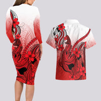 Hawaii Couples Matching Long Sleeve Bodycon Dress and Hawaiian Shirt Polynesian Shark Tattoo With Plumeria Red Gradient - Wonder Print Shop