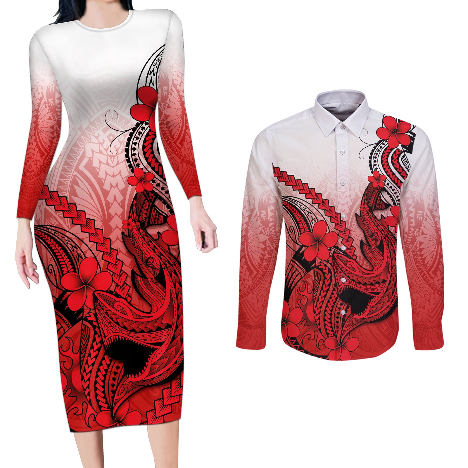 Hawaii Couples Matching Long Sleeve Bodycon Dress and Long Sleeve Button Shirts Polynesian Shark Tattoo With Plumeria Red Gradient - Wonder Print Shop