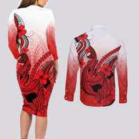 Hawaii Couples Matching Long Sleeve Bodycon Dress and Long Sleeve Button Shirts Polynesian Shark Tattoo With Plumeria Red Gradient - Wonder Print Shop