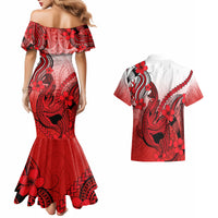 Hawaii Couples Matching Mermaid Dress And Hawaiian Shirt Polynesian Shark Tattoo With Plumeria Red Gradient - Wonder Print Shop
