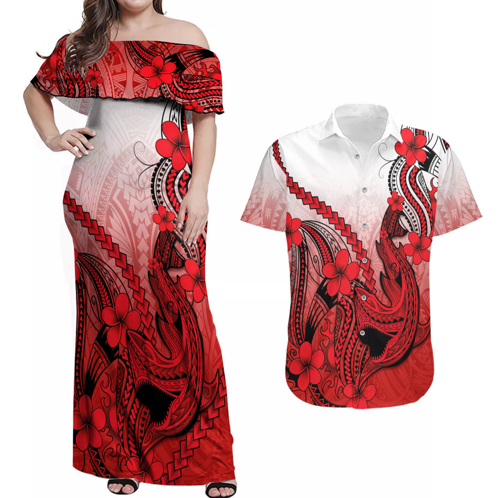 Hawaii Couples Matching Off Shoulder Maxi Dress and Hawaiian Shirt Polynesian Shark Tattoo With Plumeria Red Gradient - Wonder Print Shop