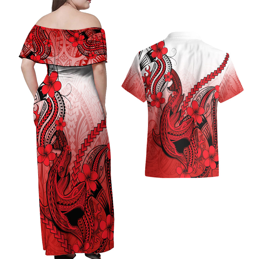 Hawaii Couples Matching Off Shoulder Maxi Dress and Hawaiian Shirt Polynesian Shark Tattoo With Plumeria Red Gradient - Wonder Print Shop